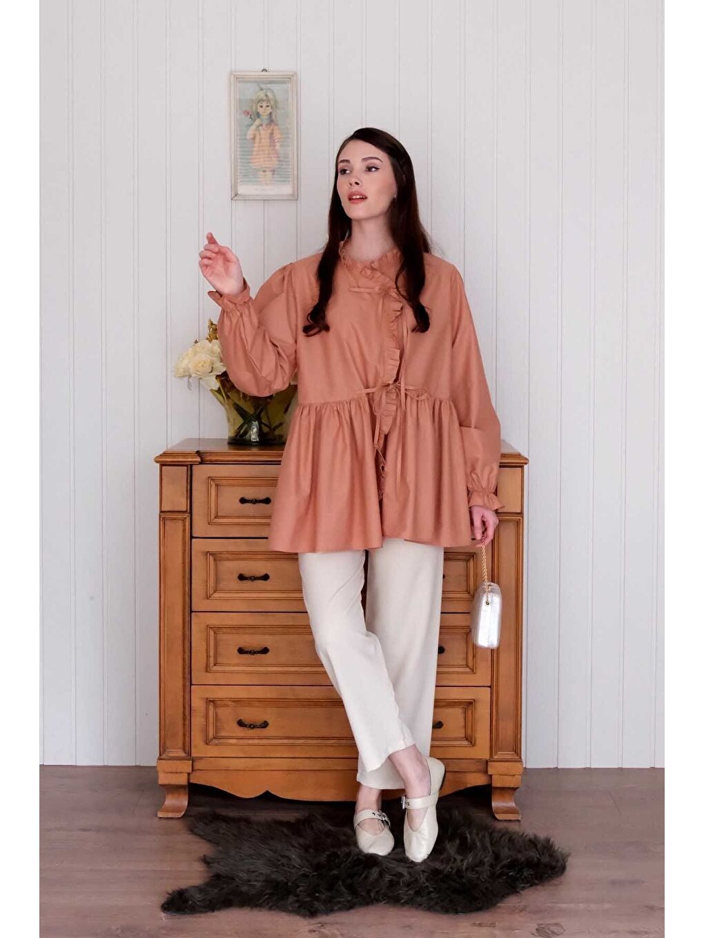 Pembe Somon Fırfırlı Bağlamalı Tunik-3