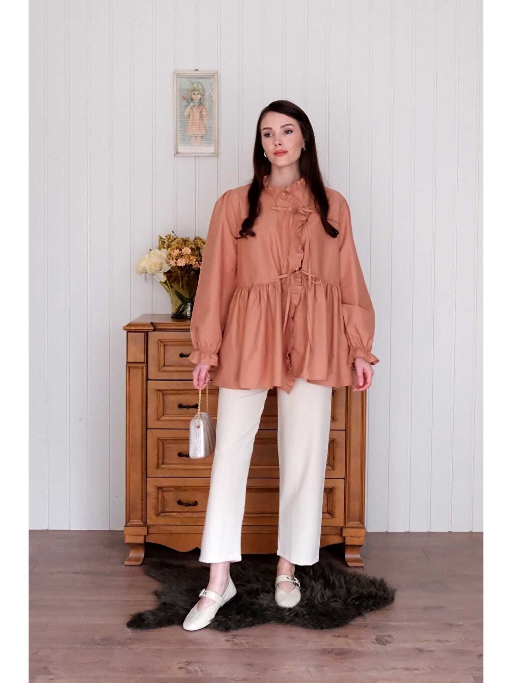 Pembe Somon Fırfırlı Bağlamalı Tunik-4