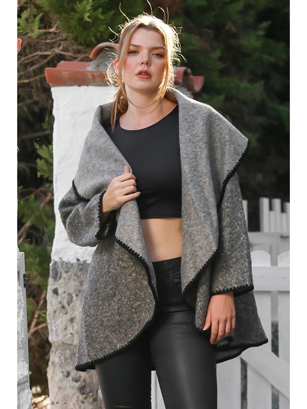 İtalyan Gri Şal Yaka Uzun Kol Kapamasız Çoban Dikişli Oversize Dokuma Ceket 77 66-2