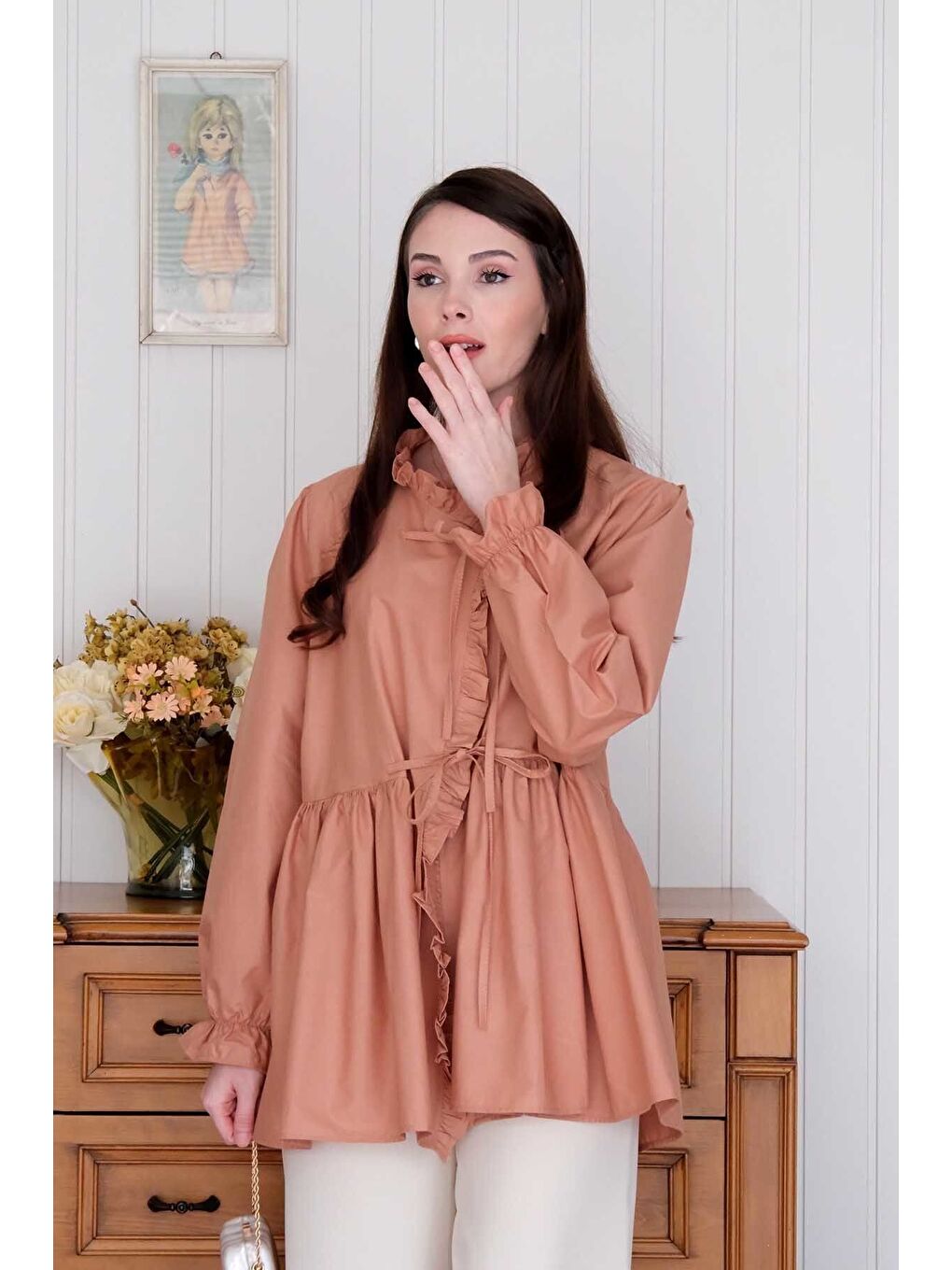 Pembe Somon Fırfırlı Bağlamalı Tunik-5