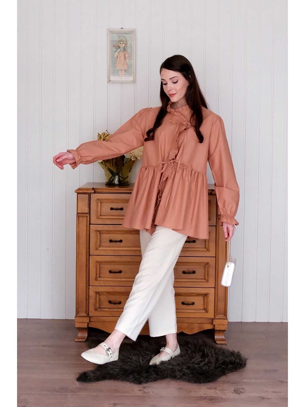 Pembe Somon Fırfırlı Bağlamalı Tunik-7