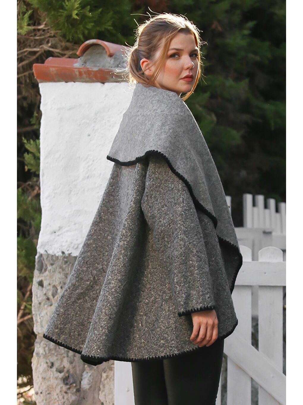 İtalyan Gri Şal Yaka Uzun Kol Kapamasız Çoban Dikişli Oversize Dokuma Ceket 77 66-4