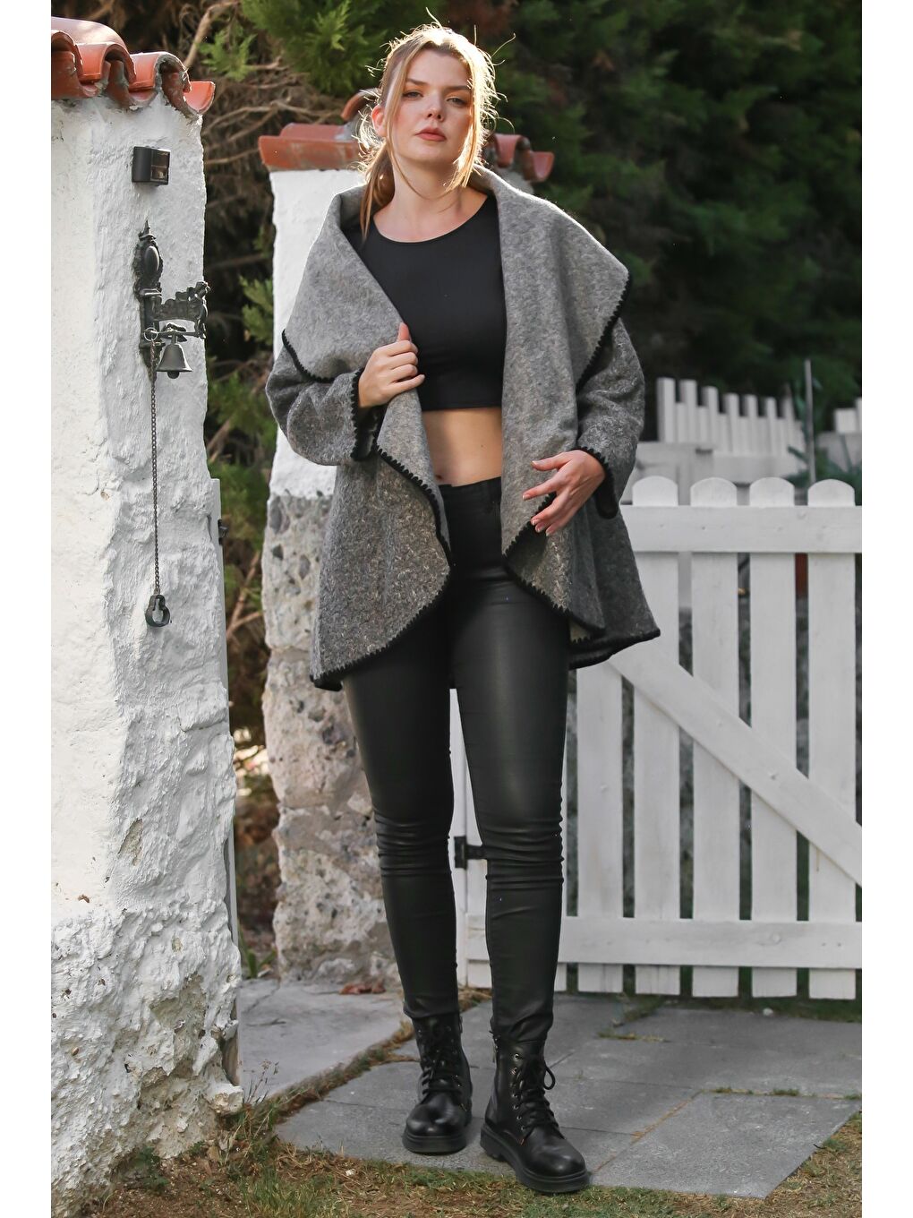 İtalyan Gri Şal Yaka Uzun Kol Kapamasız Çoban Dikişli Oversize Dokuma Ceket 77 66-5