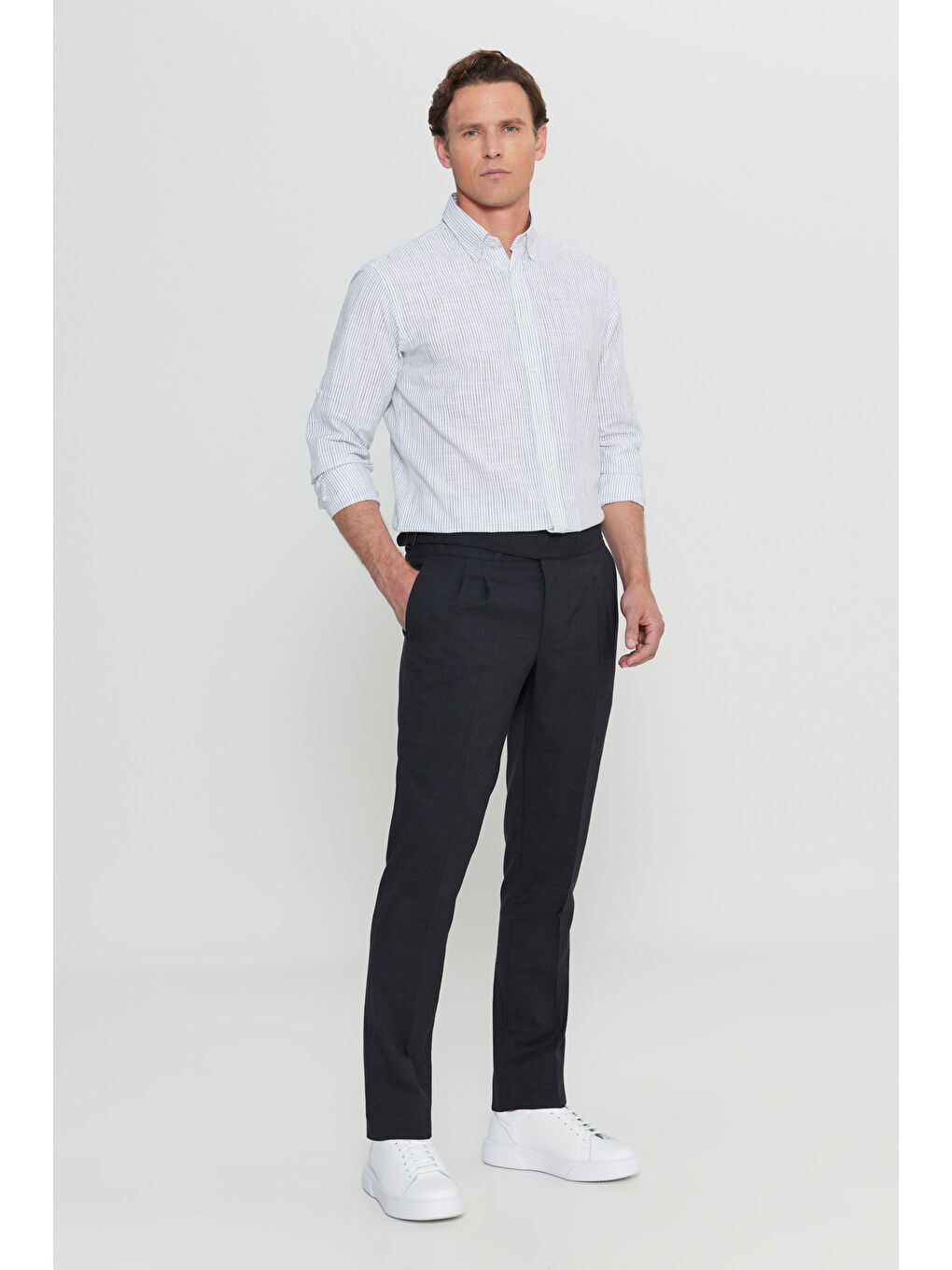 Erkek Gri Slim Fit Dar Kesim Beli Lastikli Yan Cep Rahat Pantolon-1