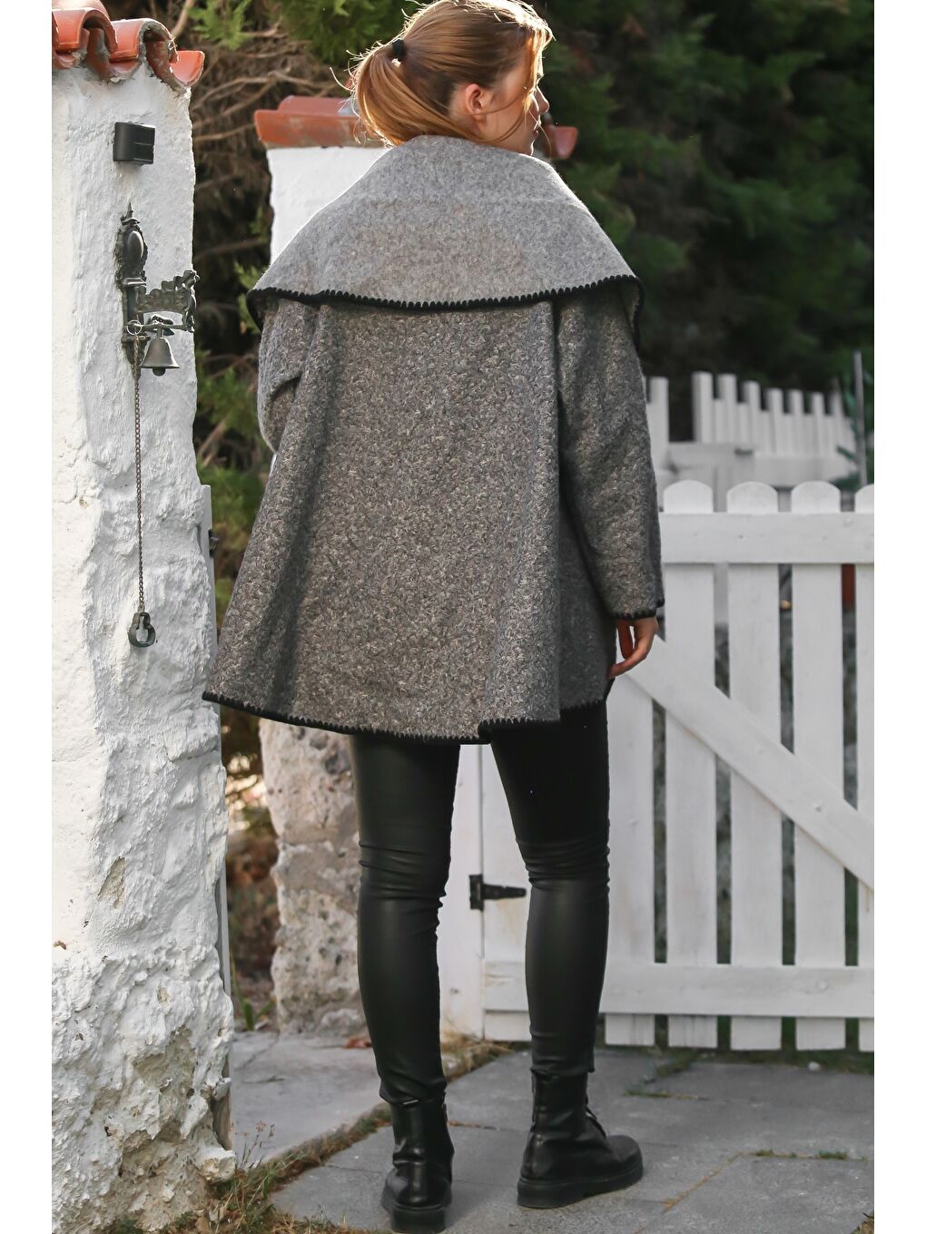 İtalyan Gri Şal Yaka Uzun Kol Kapamasız Çoban Dikişli Oversize Dokuma Ceket 77 66-7