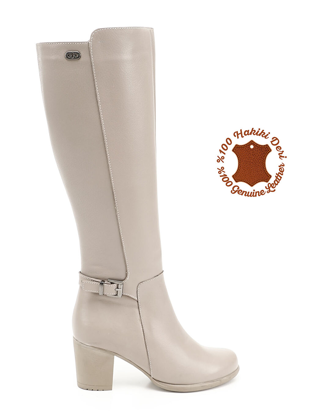 Bej Kadın BEJ-CAMEL Fermuarlı Kalın Topuklu Hakiki Deri Çizme