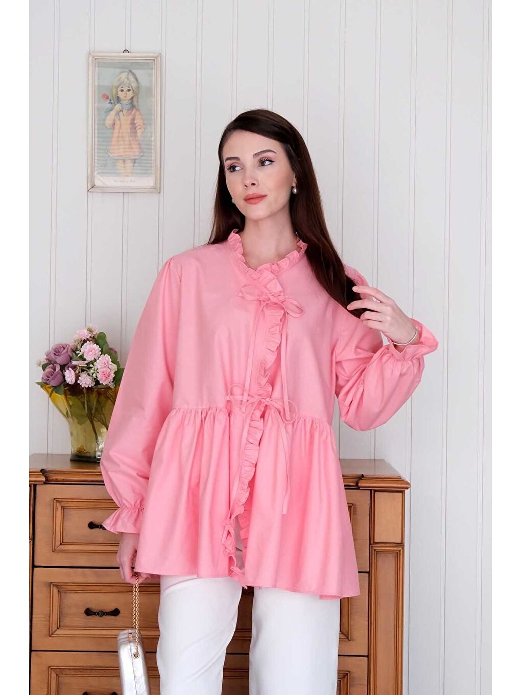 Mercan Pembesi Fırfırlı Bağlamalı Tunik