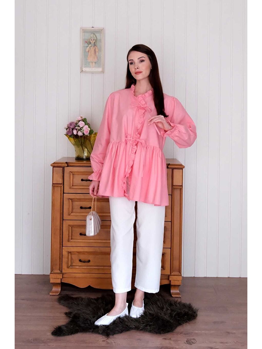 Mercan Pembesi Fırfırlı Bağlamalı Tunik-1