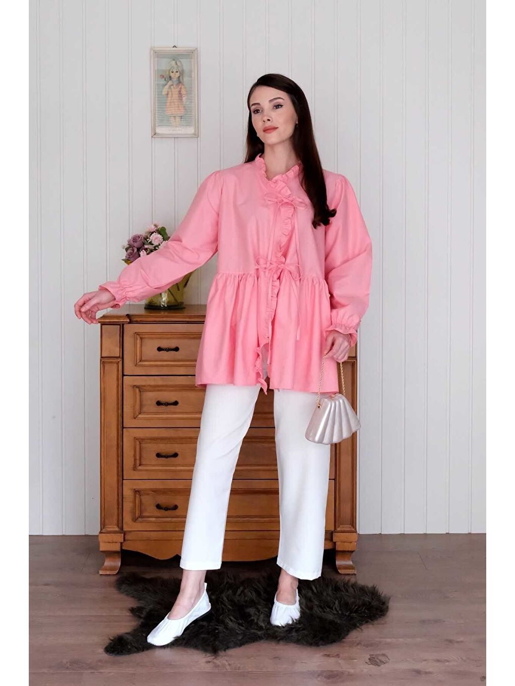 Mercan Pembesi Fırfırlı Bağlamalı Tunik-2