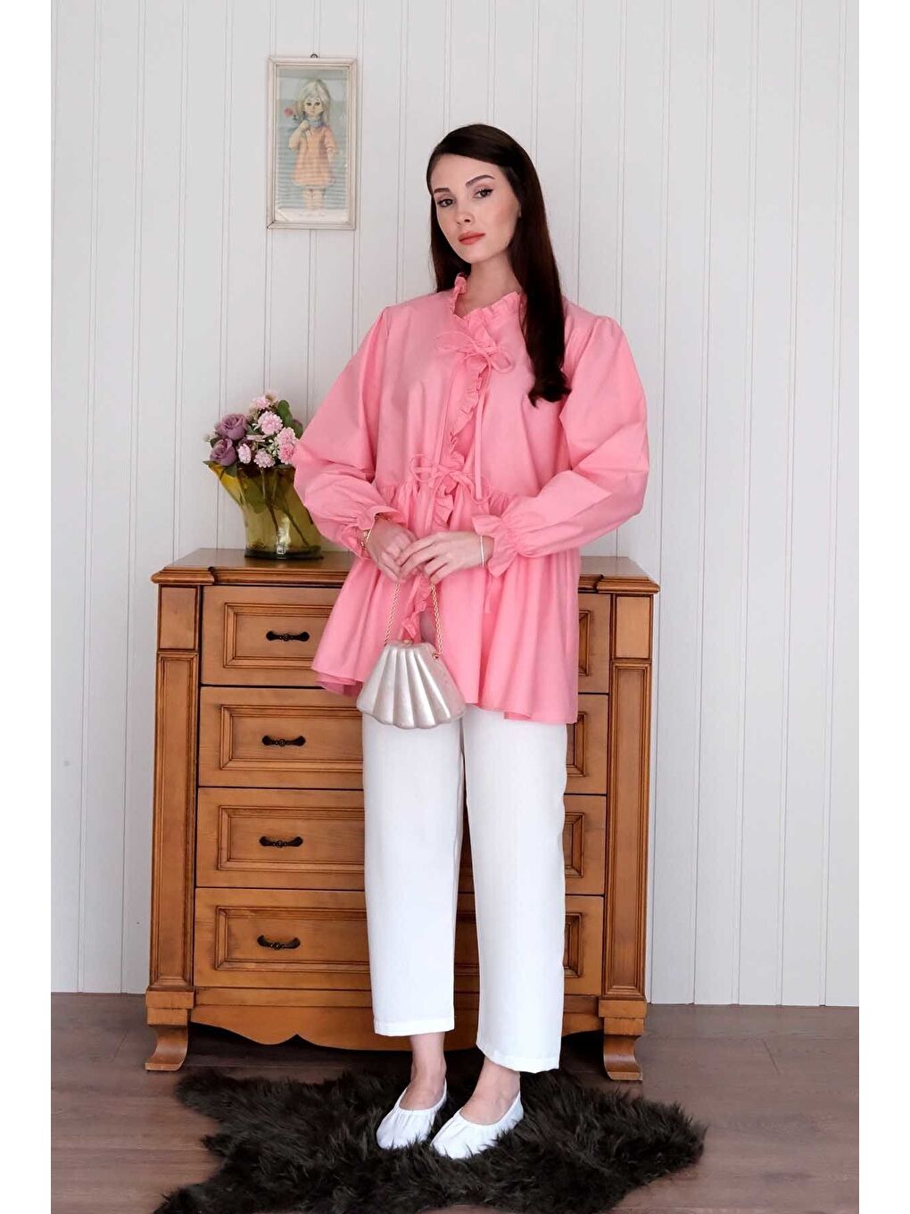 Mercan Pembesi Fırfırlı Bağlamalı Tunik-3