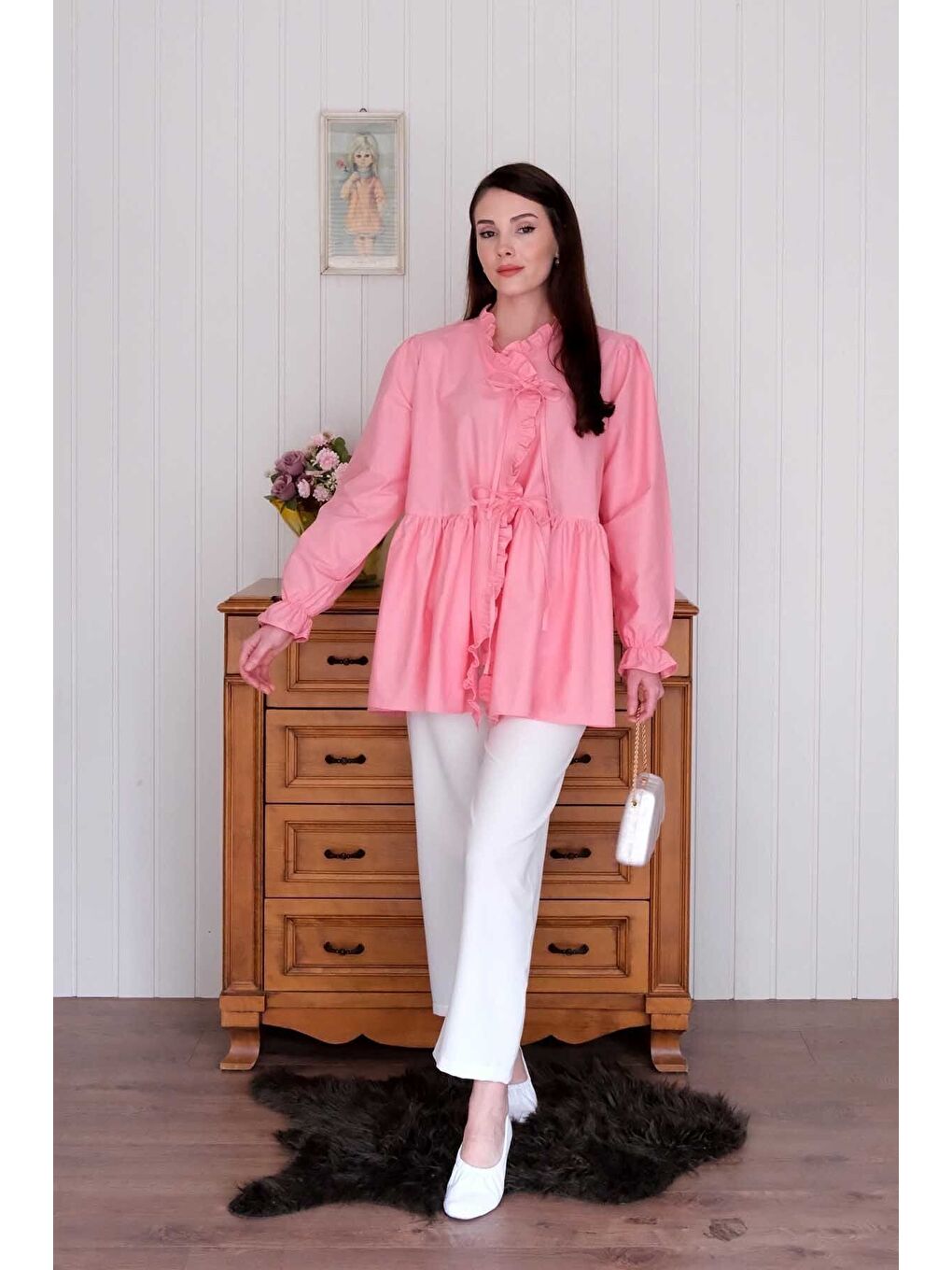 Mercan Pembesi Fırfırlı Bağlamalı Tunik-5