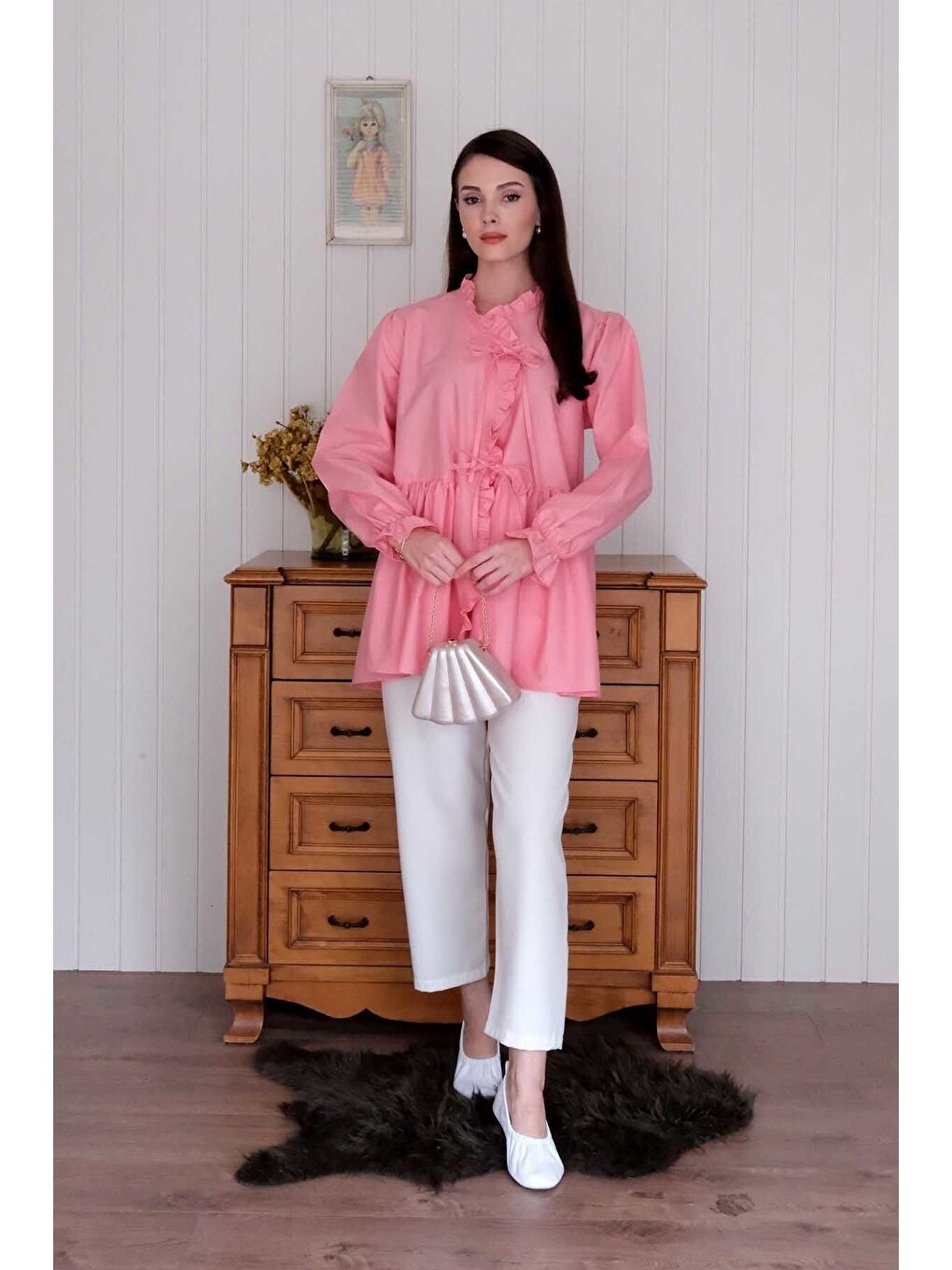 Mercan Pembesi Fırfırlı Bağlamalı Tunik-6