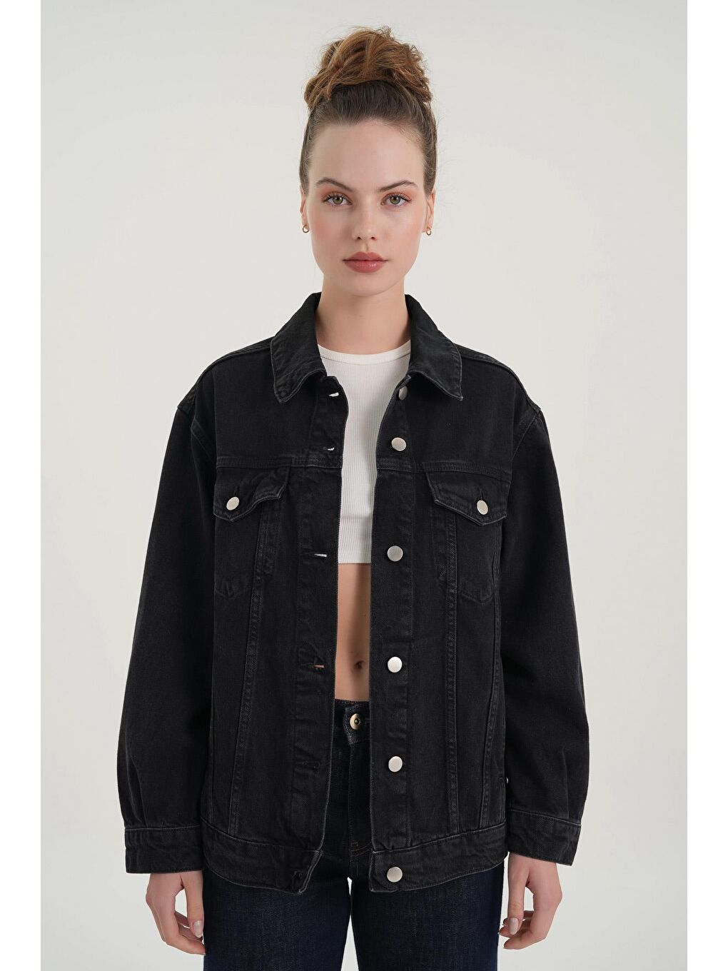 Siyah Büyük Beden Düğmeli Jean Ceket C 4538-171-1