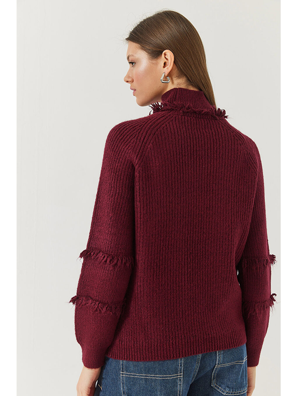 Bordo Kadın Yaka ve Kol Saçaklı Triko Kazak-5