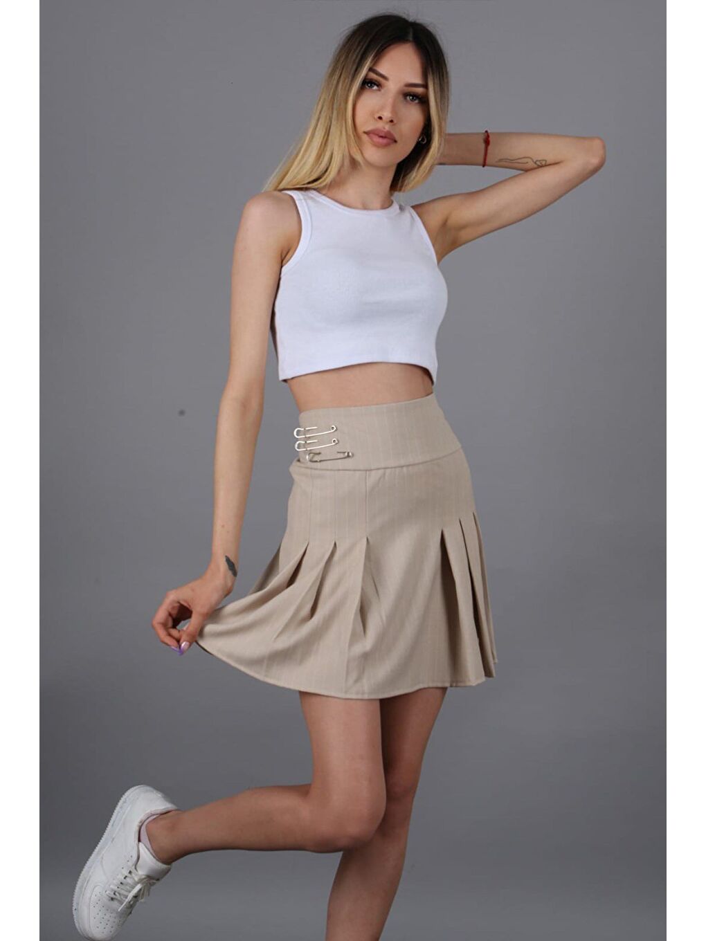 Bej Çizgili Pileli Kısa Kadın Etek Mg1451-5