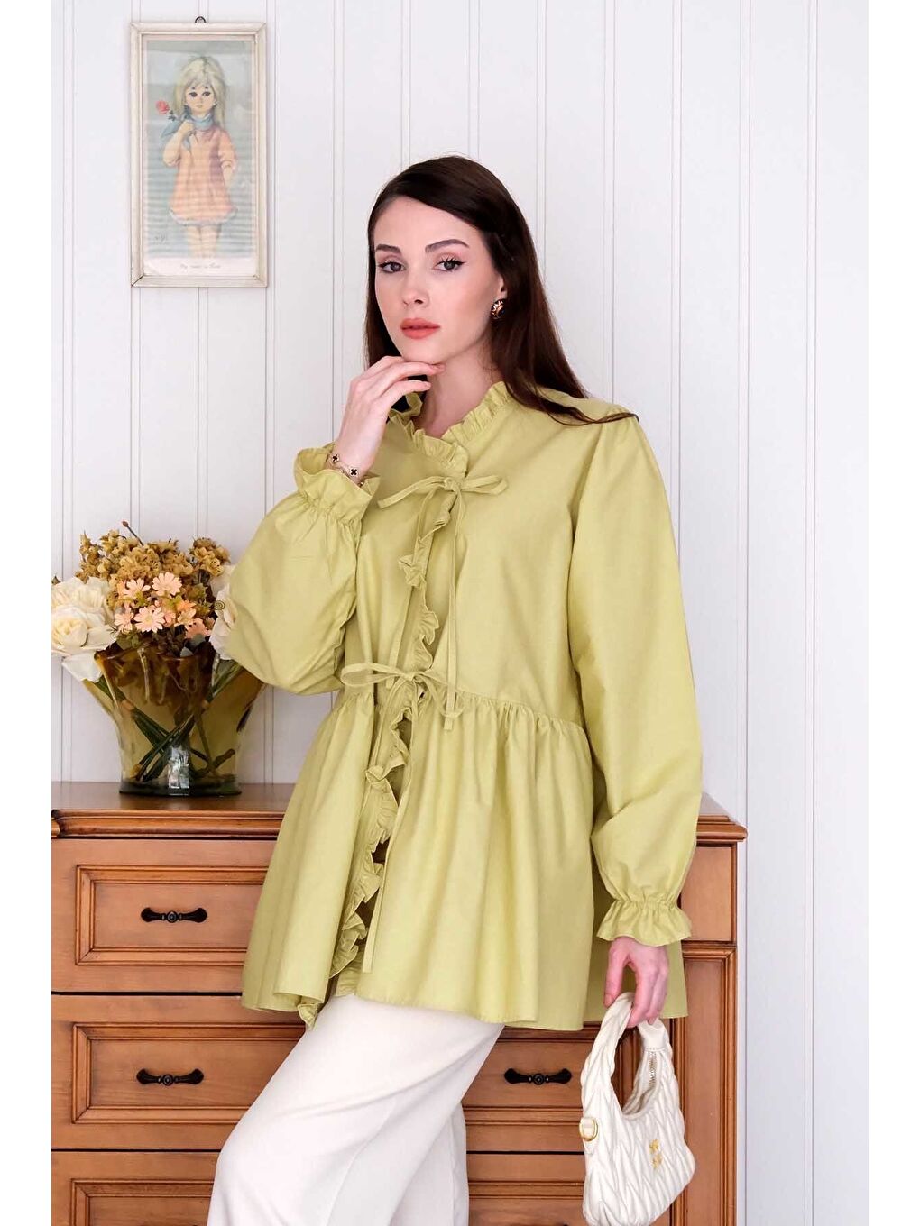 Soft Yeşil Fırfırlı Bağlamalı Tunik