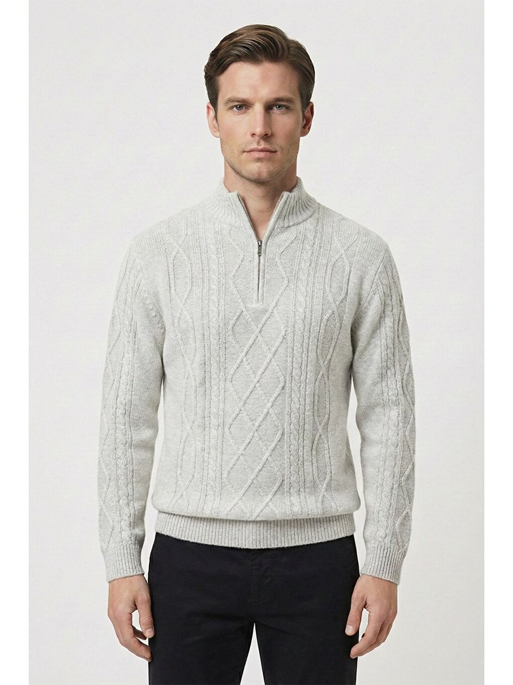 Gri Regular Fit Yün Karışımlı Desenli Yarım Balıkçı Yaka Fermuarlı Erkek Triko Kazak