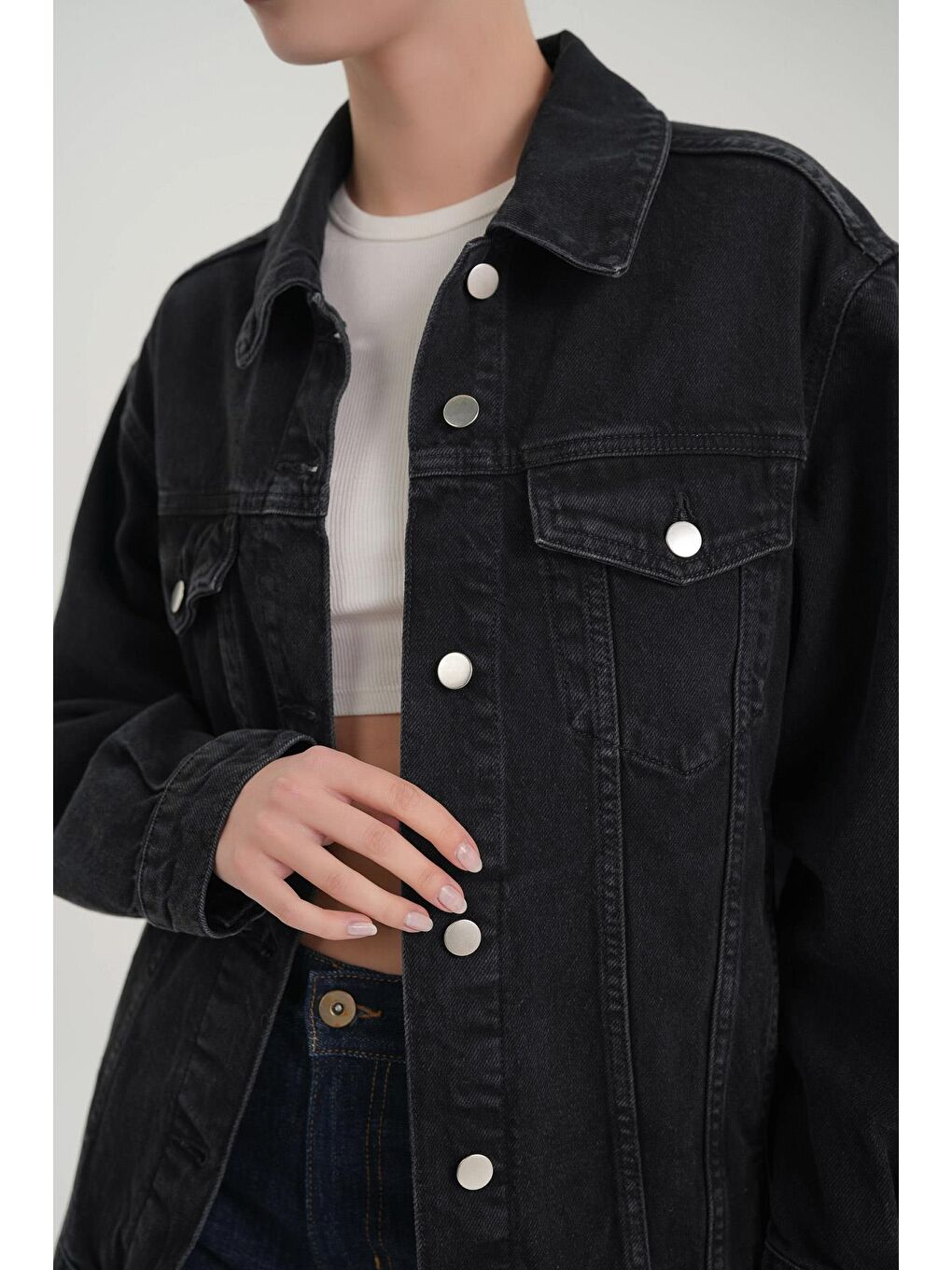 Siyah Büyük Beden Düğmeli Jean Ceket C 4538-171-4