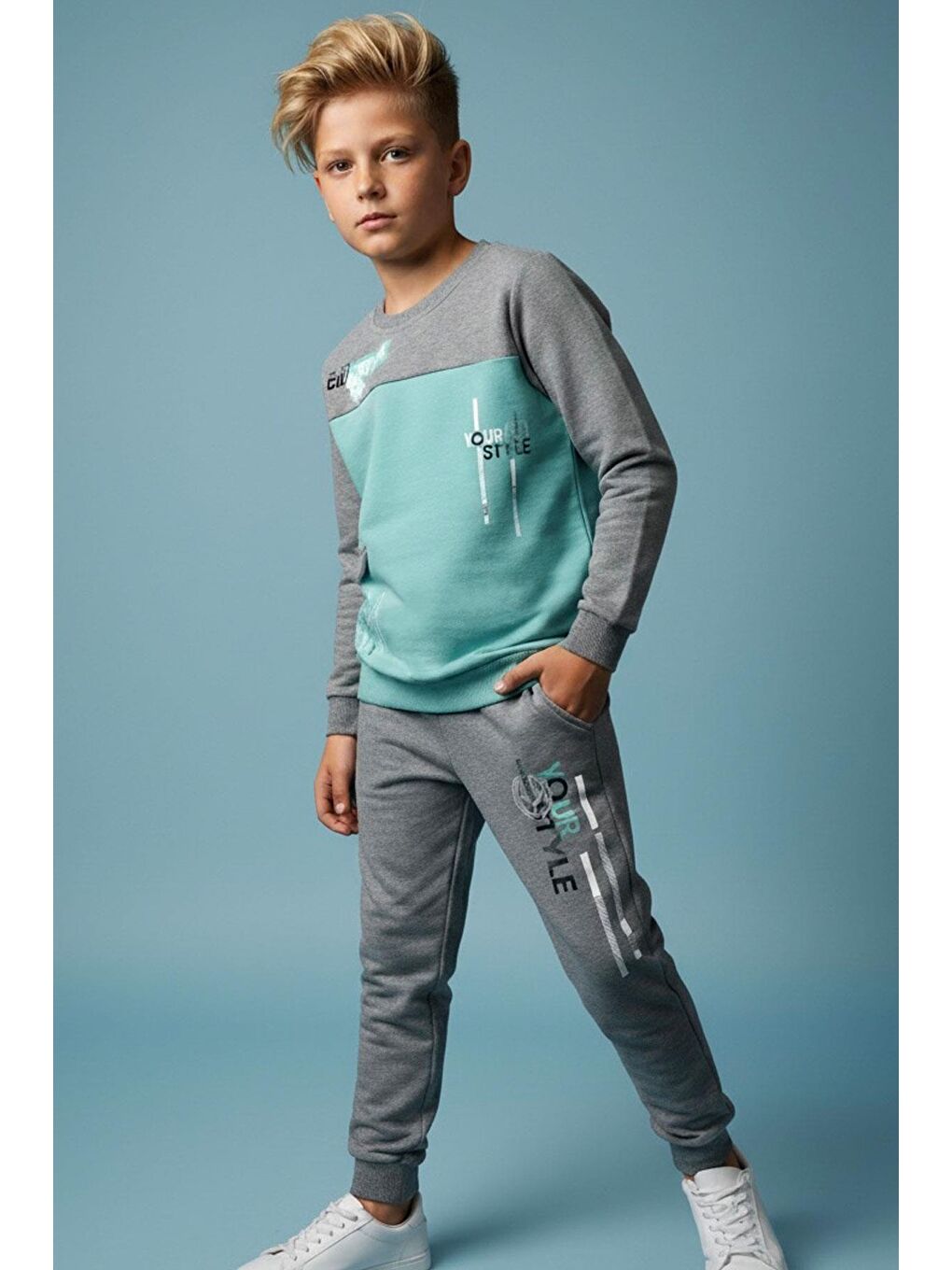 Turkuaz Erkek Çocuk Eşofman Takımı Cep Kapak Detaylı Yazı Baskılı Su Yeşili (7-12 Yaş)