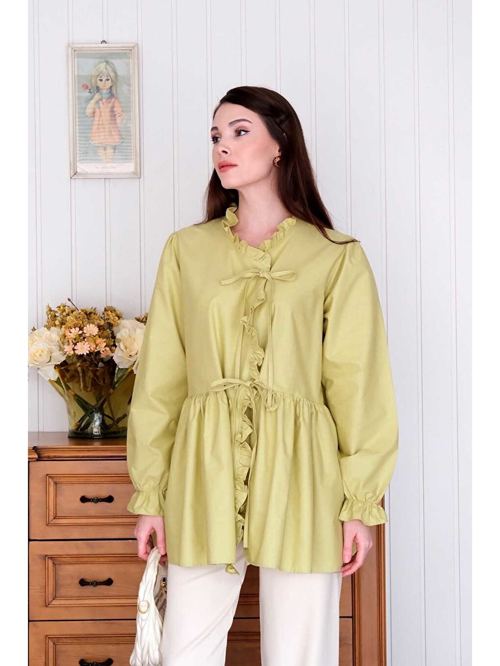 Soft Yeşil Fırfırlı Bağlamalı Tunik-5