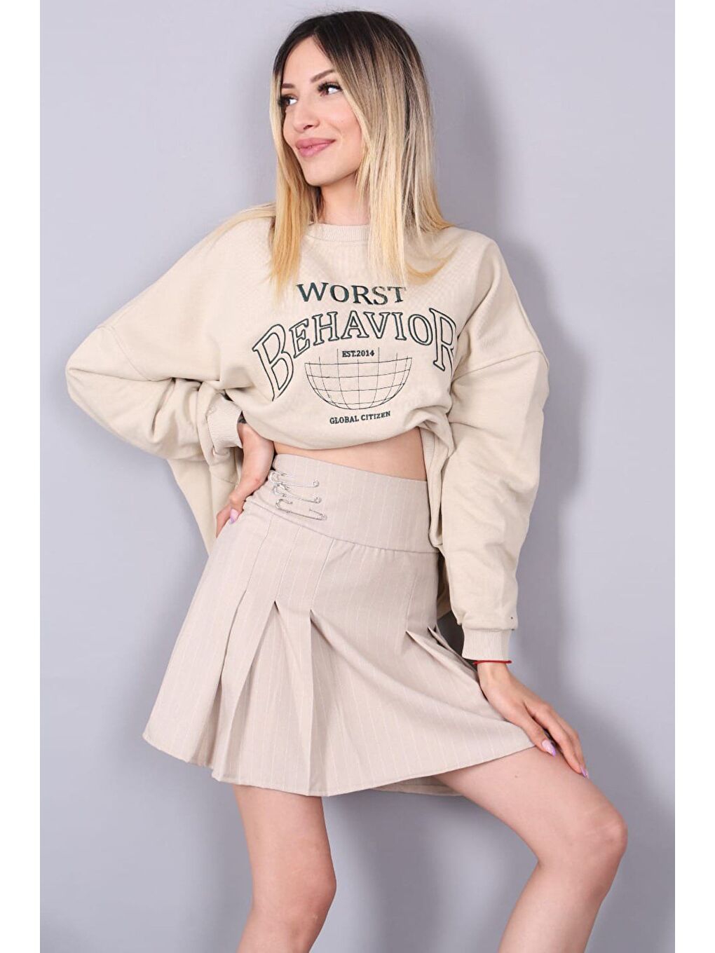 Bej Çizgili Pileli Kısa Kadın Etek Mg1451-7