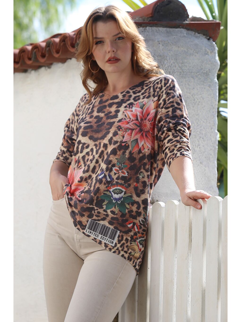 Kahverengi İtalyan Camel Havuz Yaka Uzun Kol Dijital Baskılı Casual Triko Bluz 75 68-4