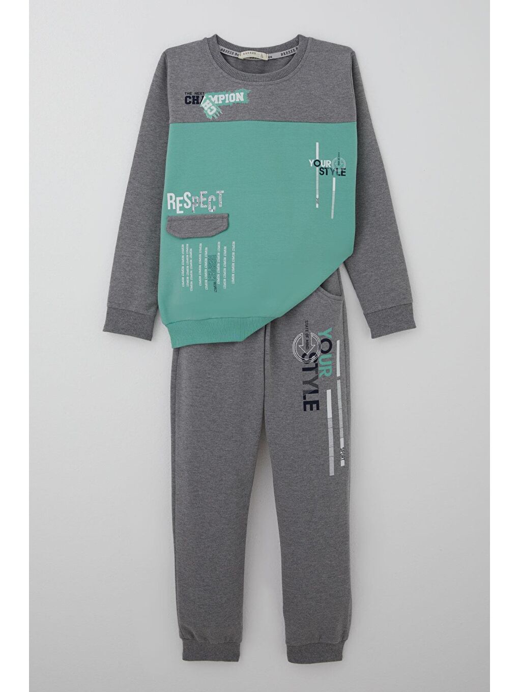 Turkuaz Erkek Çocuk Eşofman Takımı Cep Kapak Detaylı Yazı Baskılı Su Yeşili (7-12 Yaş)-1