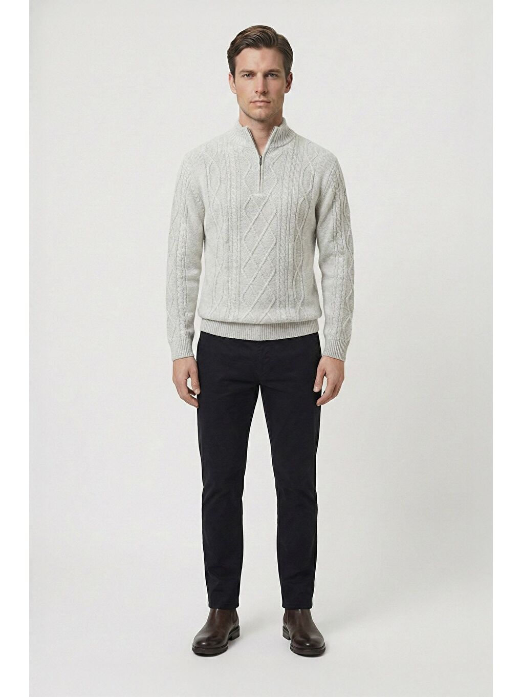 Gri Regular Fit Yün Karışımlı Desenli Yarım Balıkçı Yaka Fermuarlı Erkek Triko Kazak-1