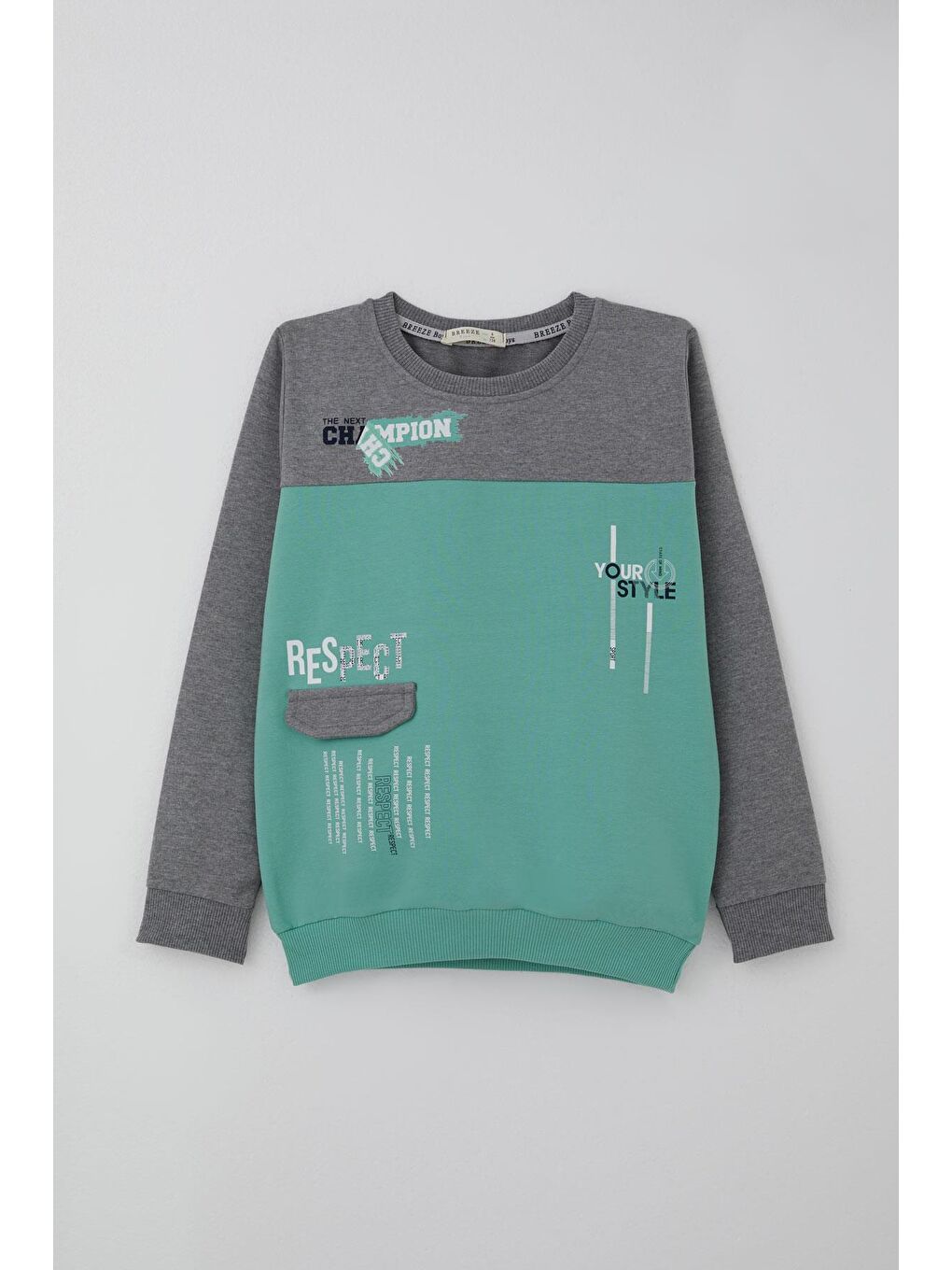 Turkuaz Erkek Çocuk Eşofman Takımı Cep Kapak Detaylı Yazı Baskılı Su Yeşili (7-12 Yaş)-2