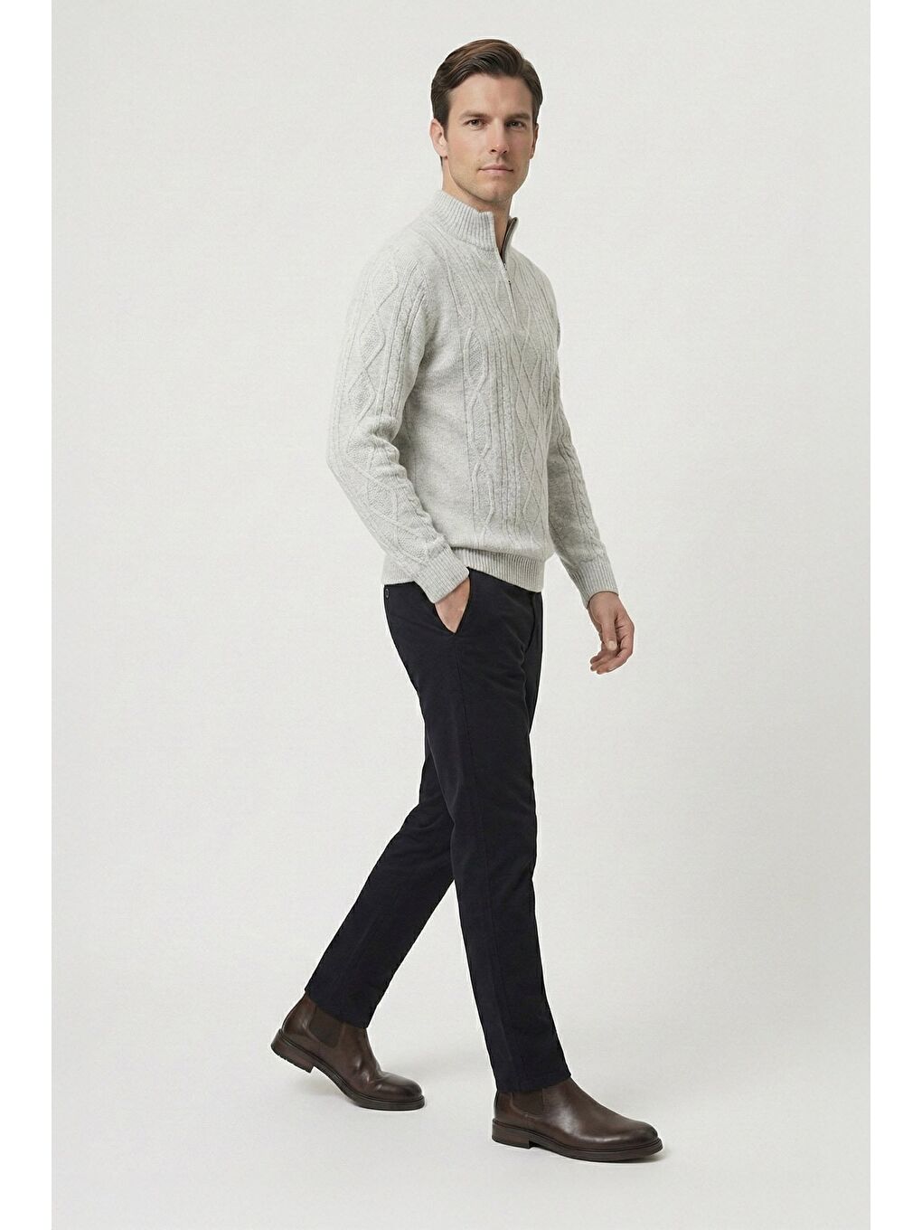 Gri Regular Fit Yün Karışımlı Desenli Yarım Balıkçı Yaka Fermuarlı Erkek Triko Kazak-2