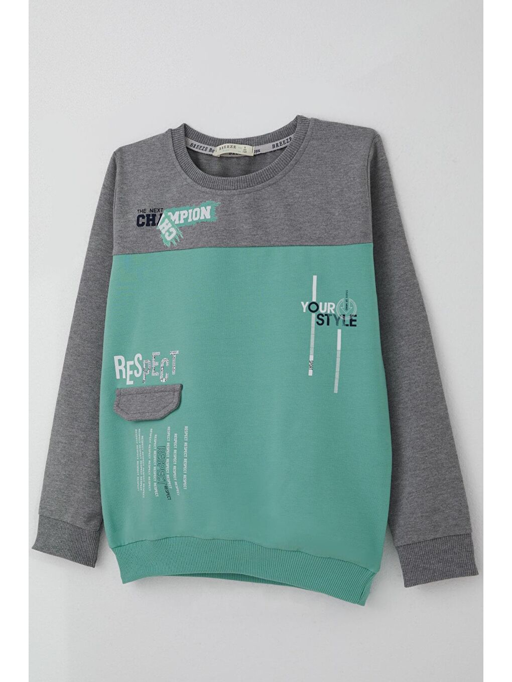 Turkuaz Erkek Çocuk Eşofman Takımı Cep Kapak Detaylı Yazı Baskılı Su Yeşili (7-12 Yaş)-6