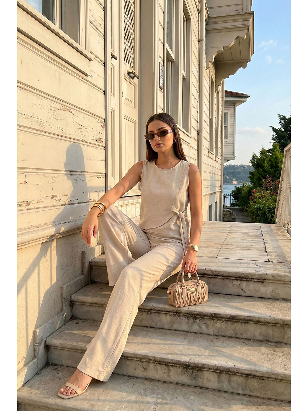 Bej Regular Fit Bağlama Detaylı Bisiklet Yaka Kadın Takım 5866466