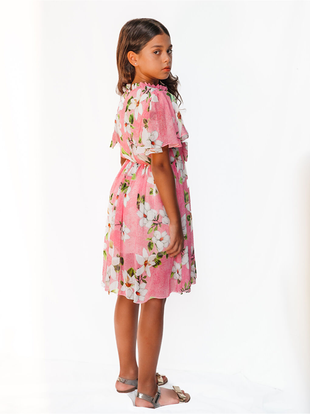 Pembe Çiçek Desenli Şifon Kız Çocuk Elbise-1