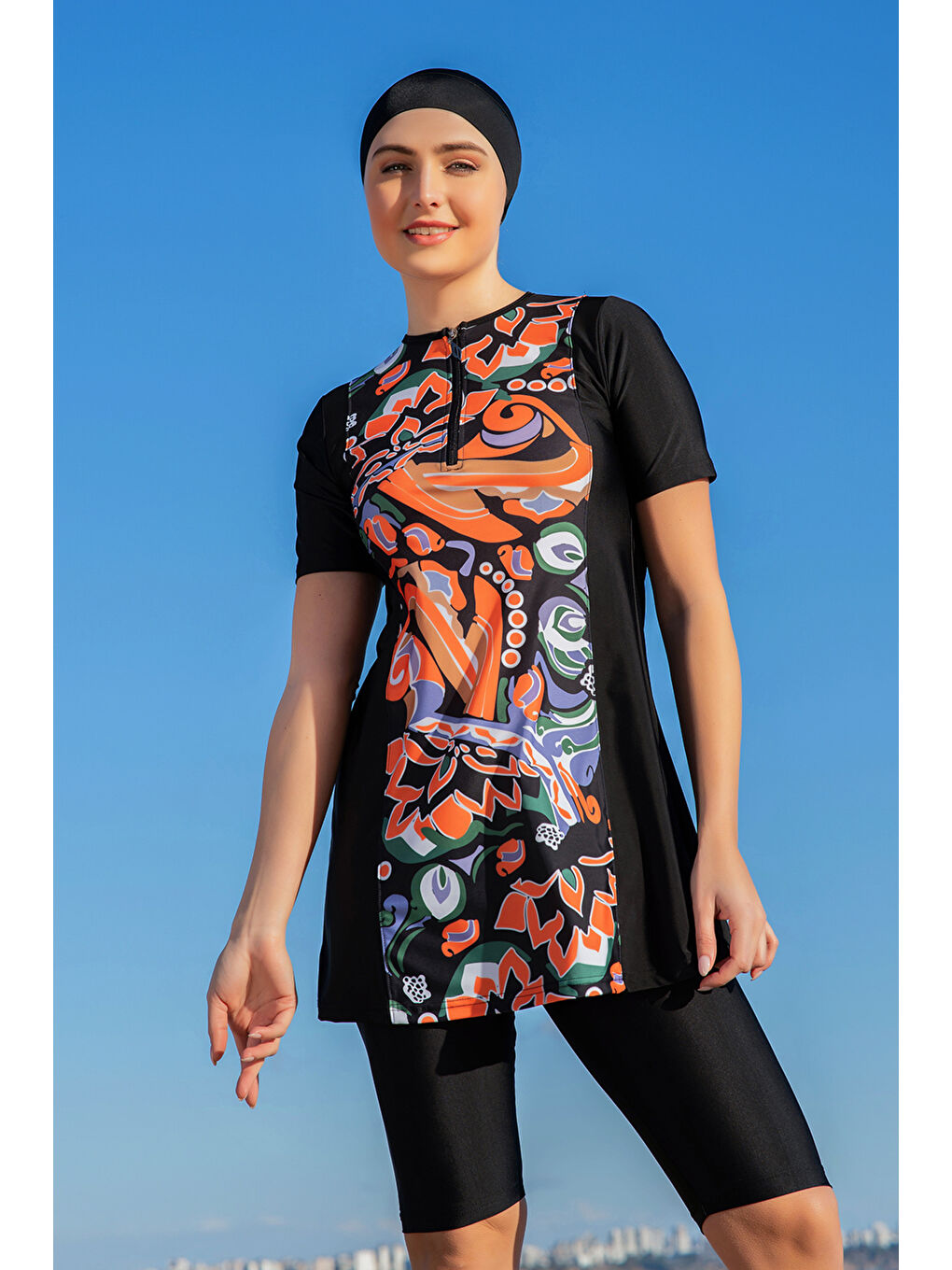 Elastanlı Kısa Kollu Yarı Kapalı Mayo 25223 3 Siyah-1