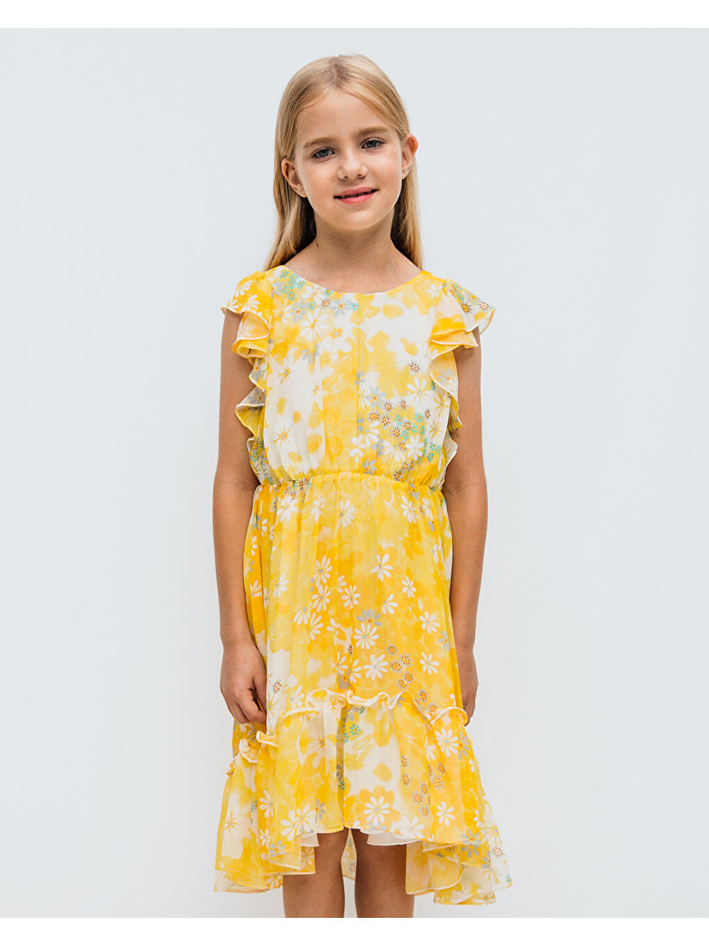 Sarı Papatya Desenli Şifon Kız Çocuk Elbise