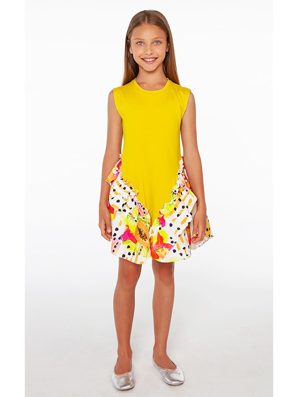 Sarı Hardal Rengi Örme Etek Ucu Desenli Kız Elbise