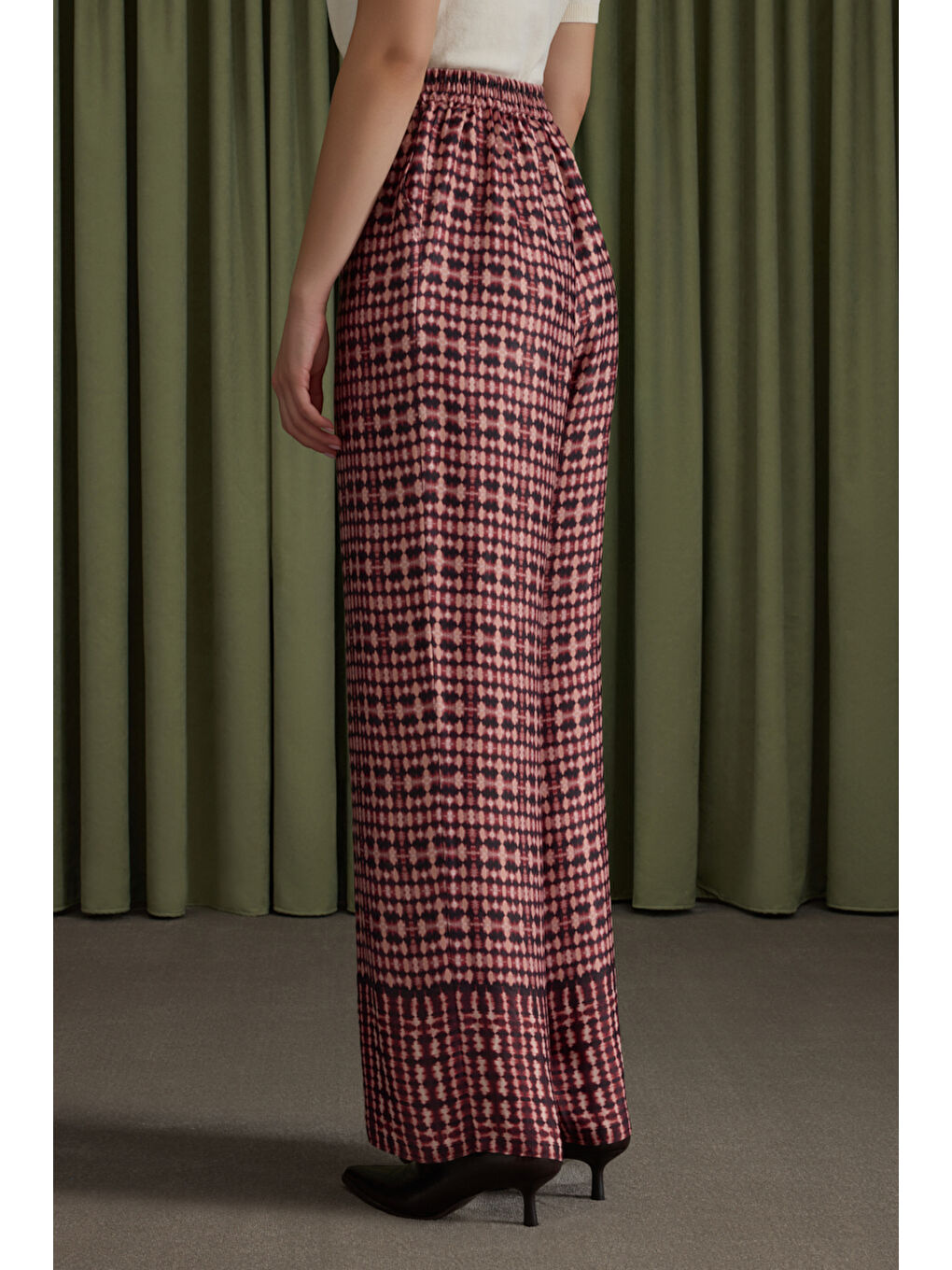 Bordo Desenli Viscon Beli Lastikli Pantolon-4