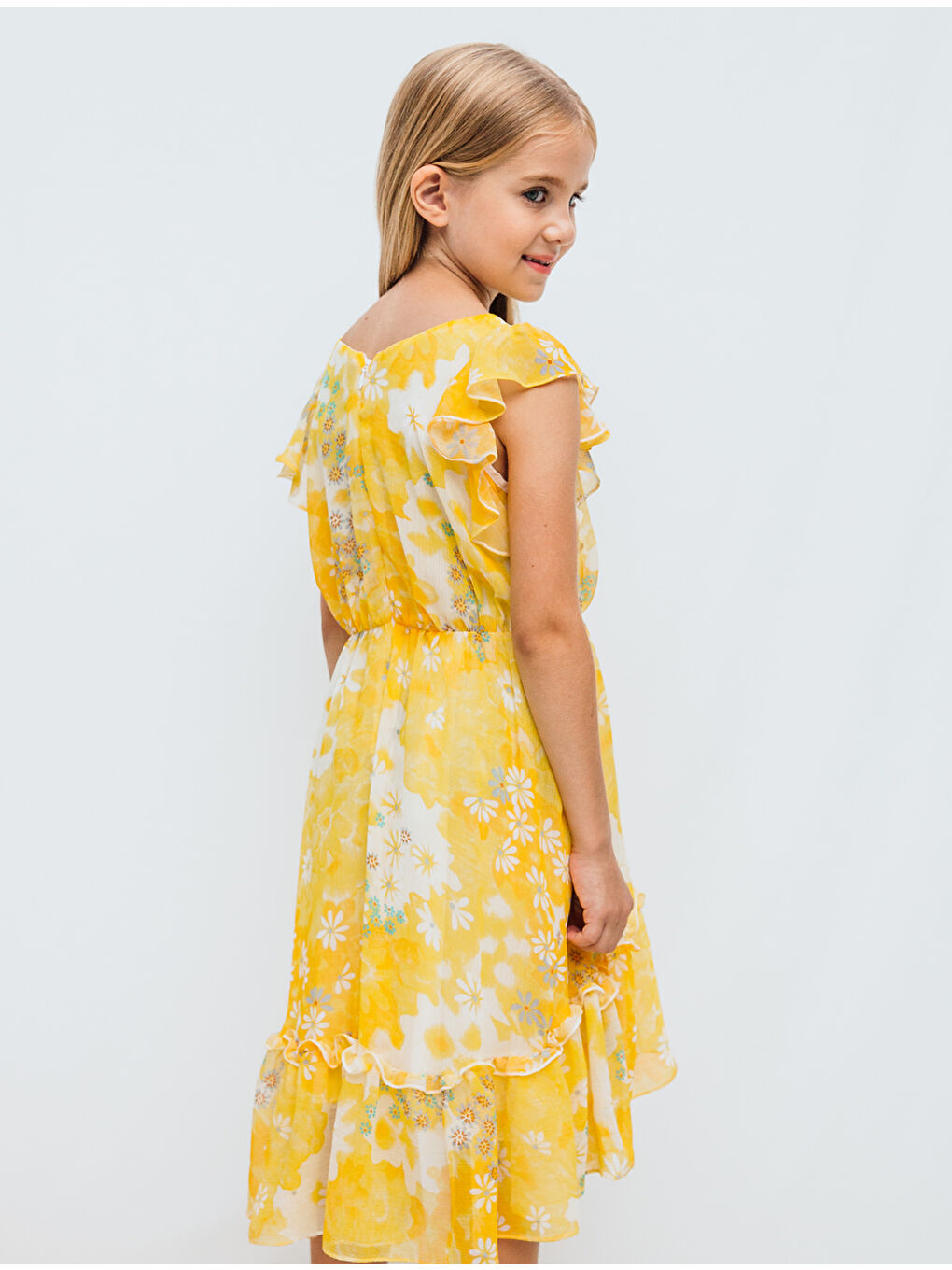 Sarı Papatya Desenli Şifon Kız Çocuk Elbise-1