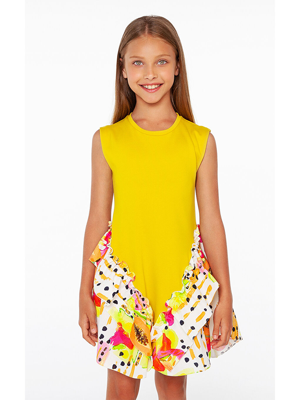 Sarı Hardal Rengi Örme Etek Ucu Desenli Kız Elbise-1