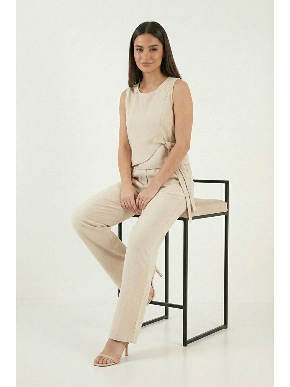 Bej Regular Fit Bağlama Detaylı Bisiklet Yaka Kadın Takım 5866466-2