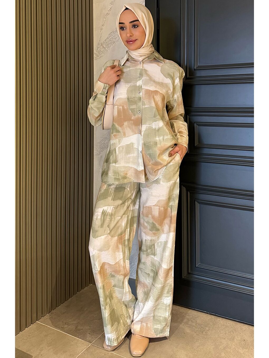 Yeşil Kadın Desenli Tunik Pantolon Tesettür İkili Takım-1