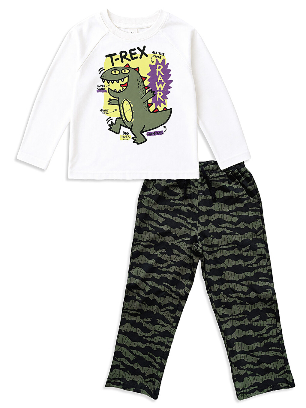 Haki Erkek Çocuk Takım Dinozor Baskılı %100 Pamuk T-shirt Ve Pantolon (3-8 Yaş)