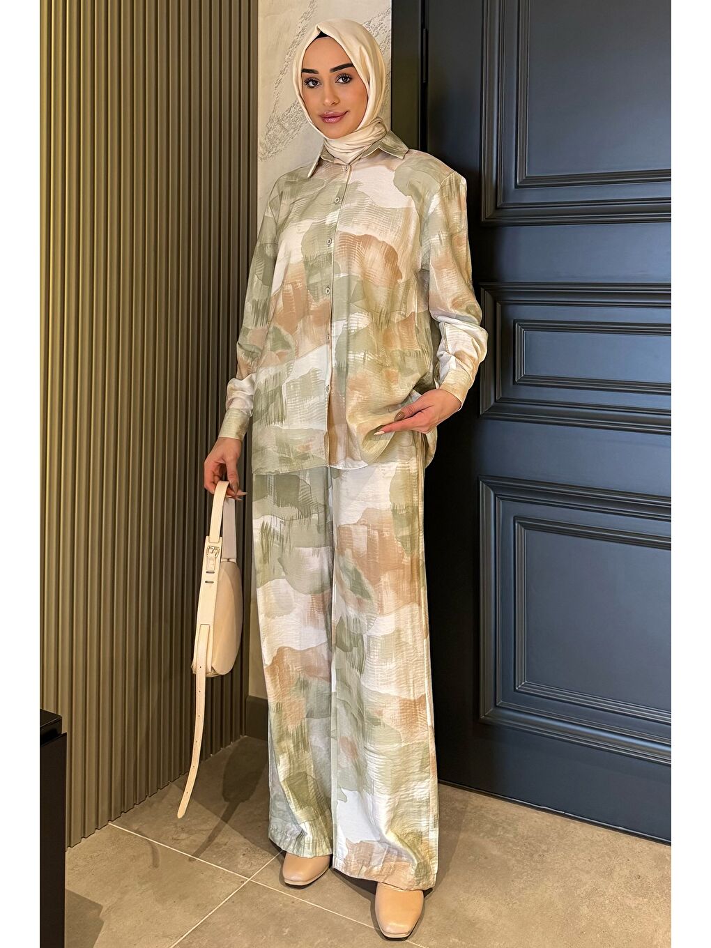 Yeşil Kadın Desenli Tunik Pantolon Tesettür İkili Takım-2