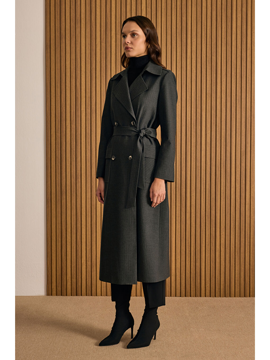 Antrasit Çizgili Seyyar Şallı Kruvaze Kapama Pardösü-1