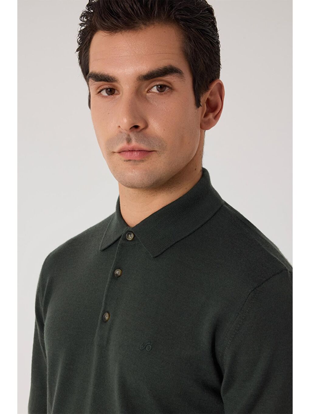 Polo Yaka Düğmelİ Basİc Trİko Kazak Haki-1