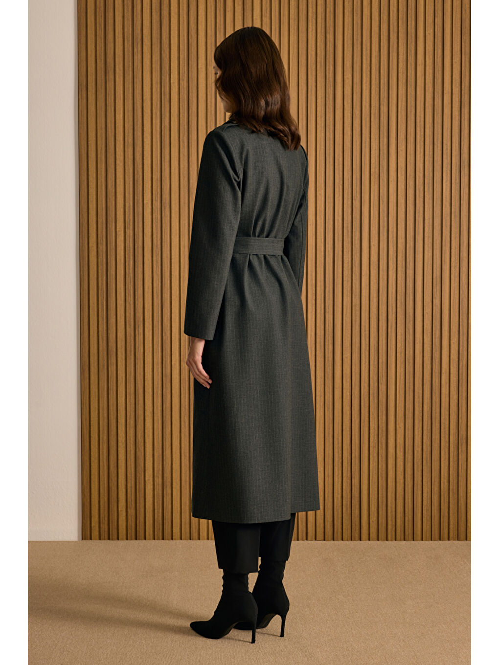 Antrasit Çizgili Seyyar Şallı Kruvaze Kapama Pardösü-3