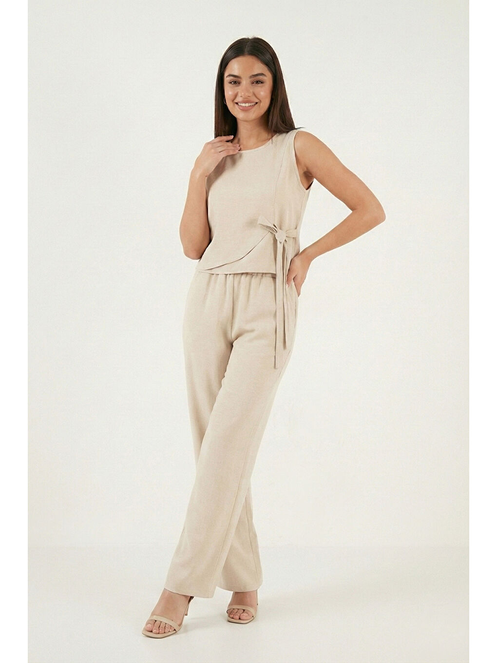 Bej Regular Fit Bağlama Detaylı Bisiklet Yaka Kadın Takım 5866466-3