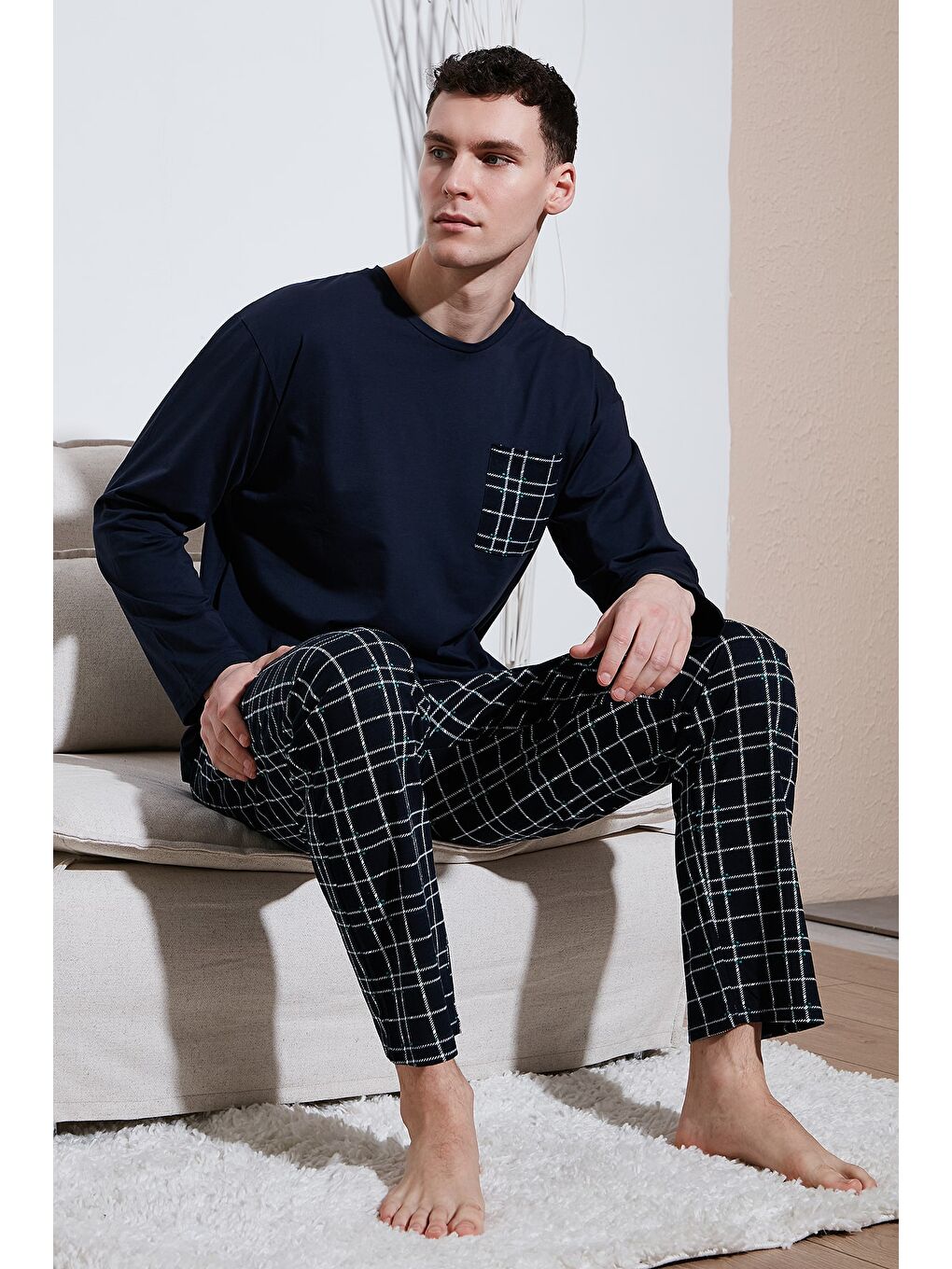 Lacivert Ekoseli Cepli Beli Lastikli %100 Pamuk Regular Fit Erkek Pijama Takımı 6572001