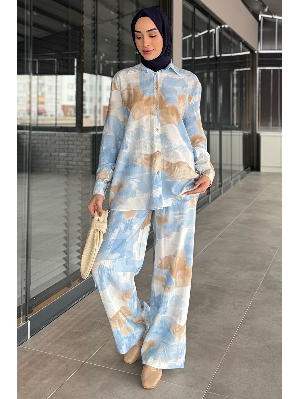 Mavi Kadın Desenli Tunik Pantolon Tesettür İkili Takım-1