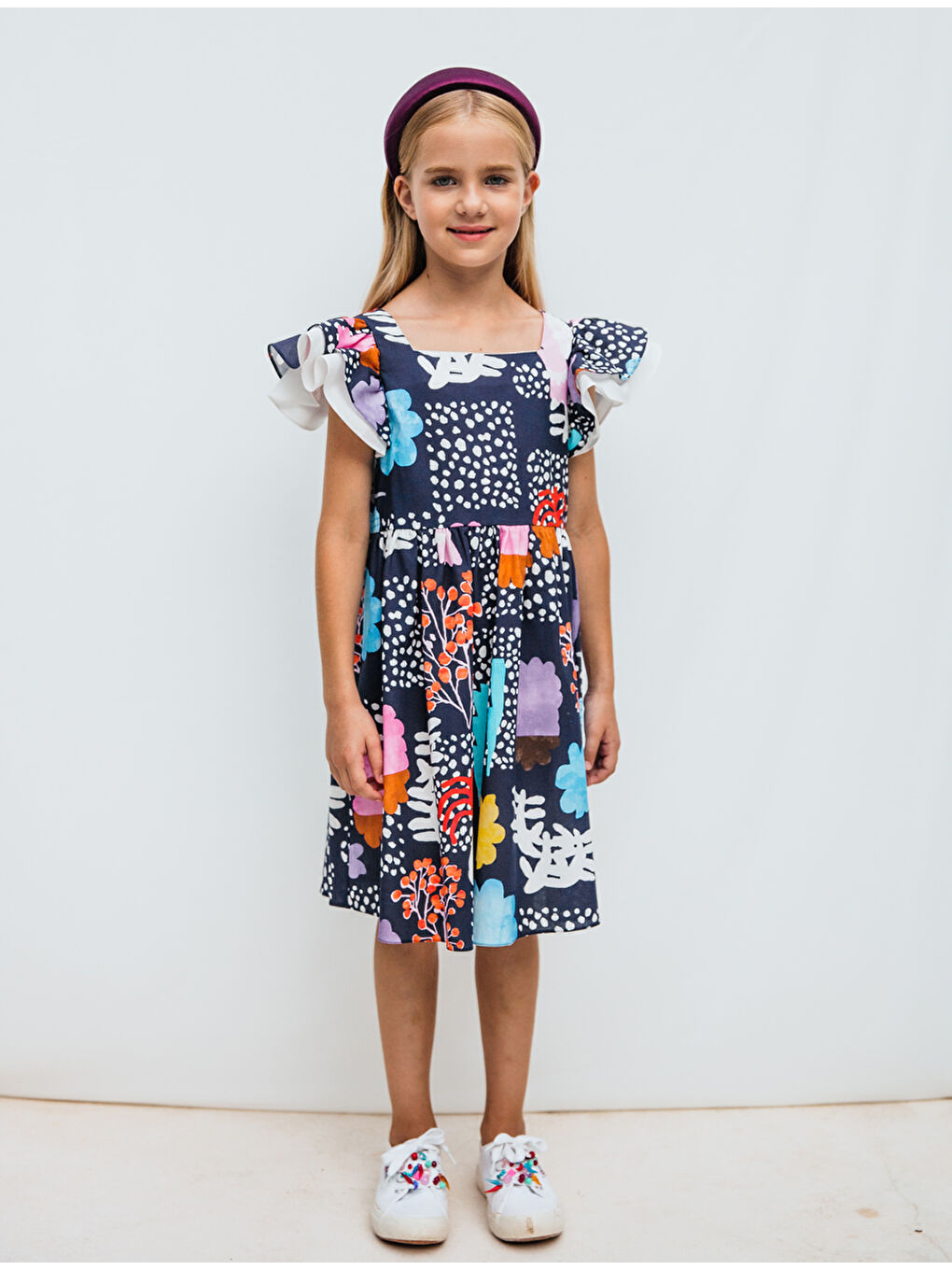 Lacivert Pamuklu Desenli Kısa Kollu Kız Çocuk Elbise